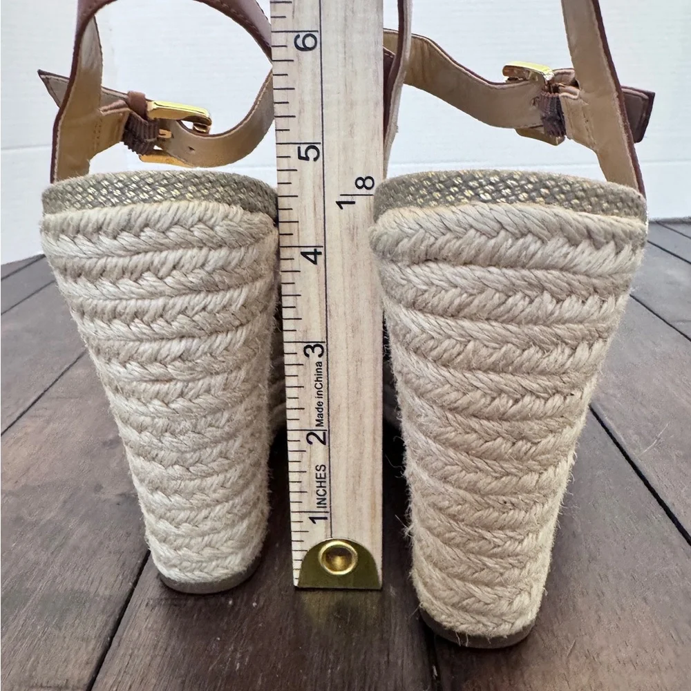 MICHAEL Michael Kors Penelope Jute Wedge Platform Sandals Gold-Tone Canvas 8.5